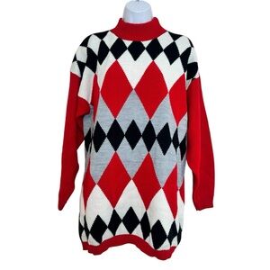 Traffic Jam Vintage 90s Red Black Argyle Women's Sweater Size M